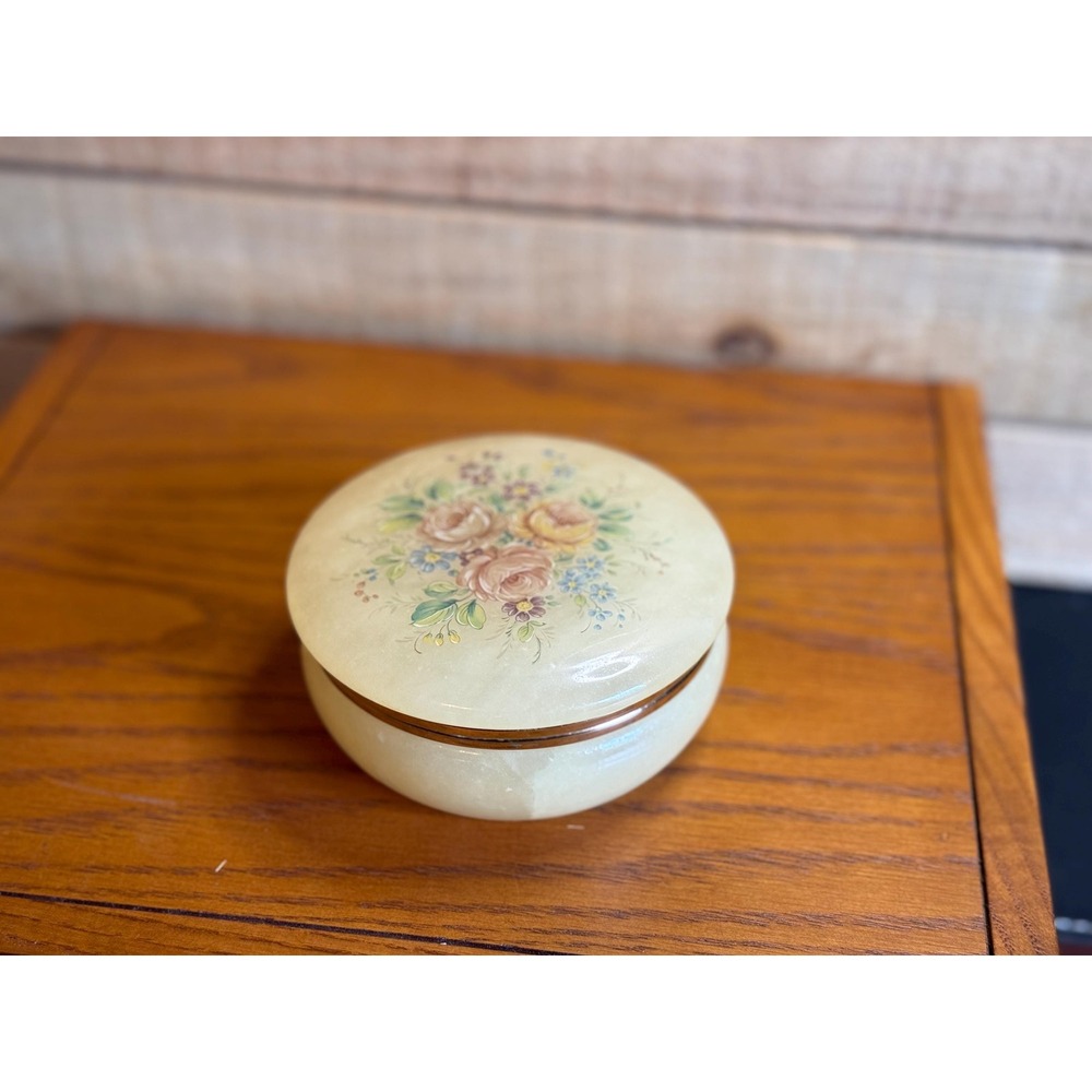 Vintage Himark Italy Alabaster Floral Hinged Trinket Jewelry Box